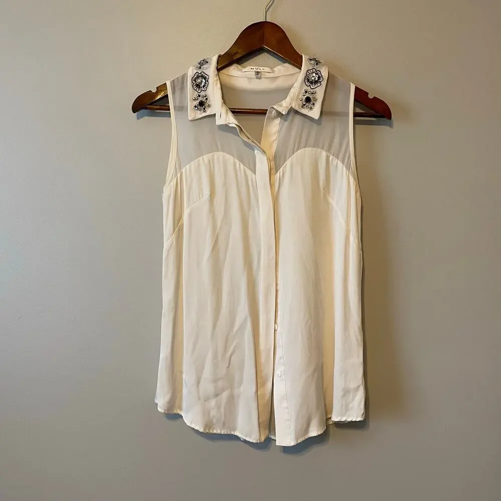 Milly Jane Silk Crepe Sleeveless Blouse cream embellished collar sz 2 - Picture 3 of 15